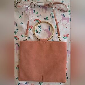 NWT Thacker Le Pouch Pink Suede Casual Neutral Boho Everyday Purse w/ Gold Rings